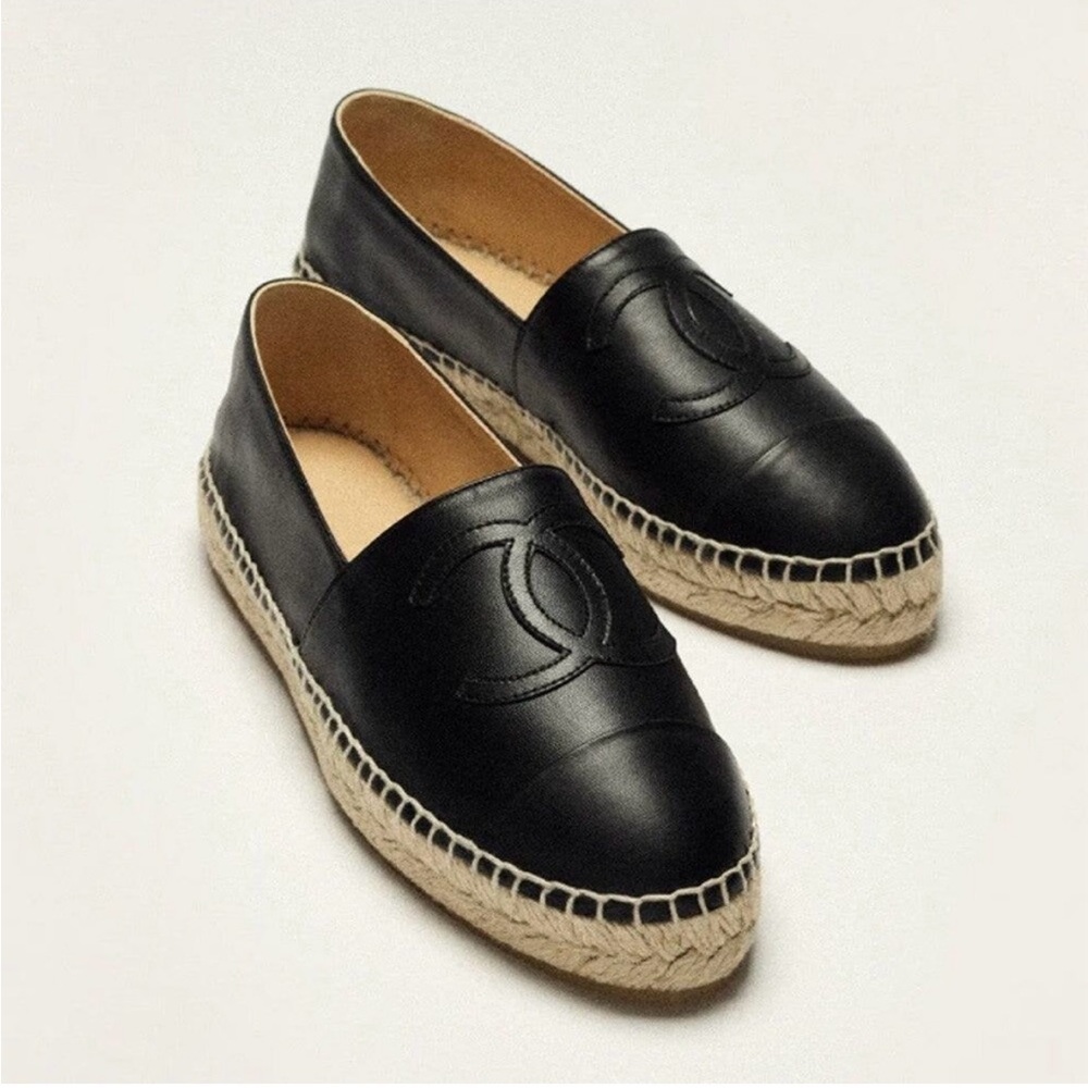 CHANEL Black Leather Espadrilles - Size 41